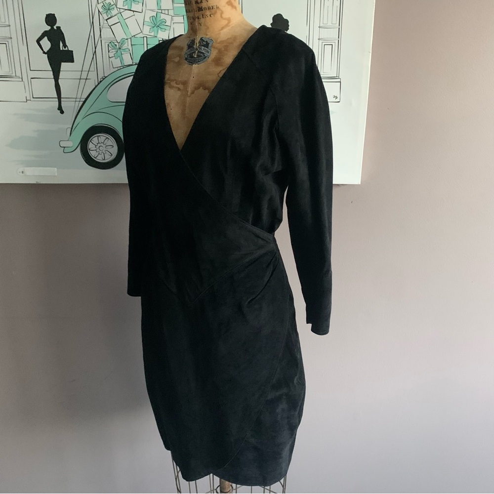 Vintage Black Suede Firenze Santa Barbara Bodycon V Neck Dress, Small - Picture 3 of 11